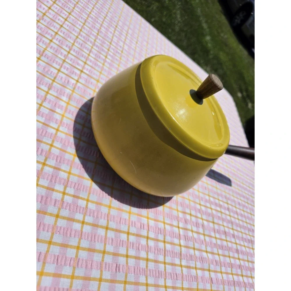 Vintage MCM Mustard Yellow Fondue Pot w Wood Handle Made in Japan 12